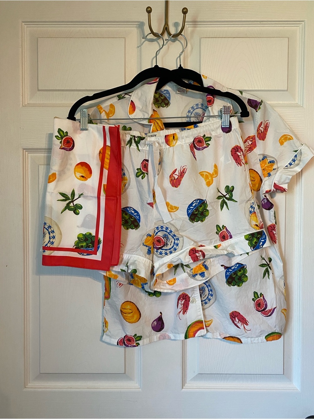 J. Crew White Fruit Olive Print Cotton Pajama Set with Scarf - Picture 4 of 12